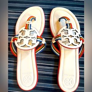 Tory Burch New Ivory Multi Mignon Calf Leather Thong Sandals Rainbow size 9